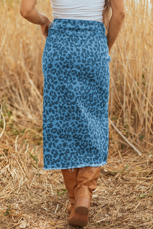 Western Leopard Print Frayed Split Denim Midi Skirt