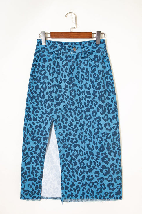 Western Leopard Print Frayed Split Denim Midi Skirt