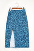Western Leopard Print Frayed Split Denim Midi Skirt