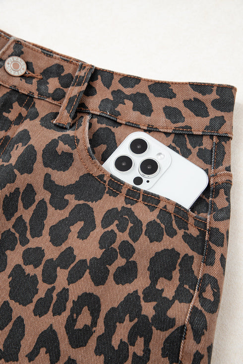 Western Leopard Print Frayed Split Denim Midi Skirt