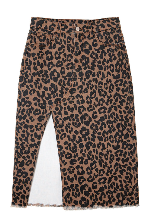 Western Leopard Print Frayed Split Denim Midi Skirt