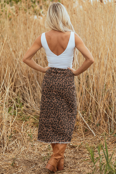 Western Leopard Print Frayed Split Denim Midi Skirt