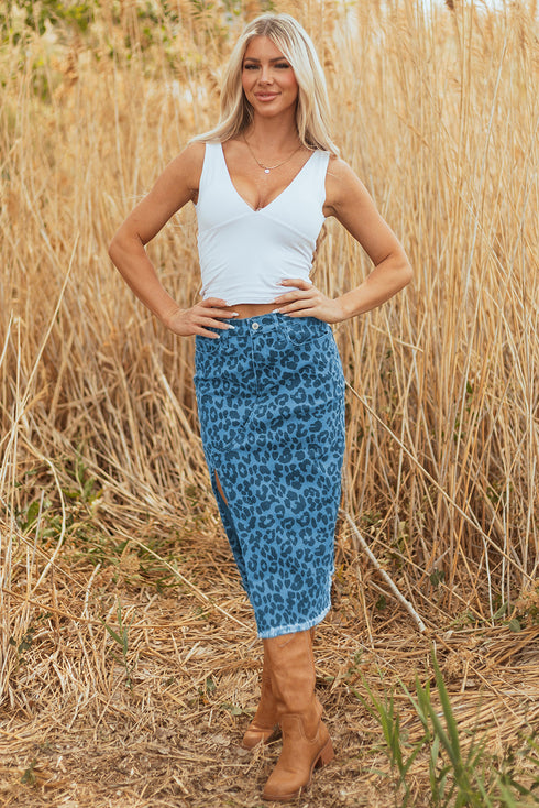 Western Leopard Print Frayed Split Denim Midi Skirt