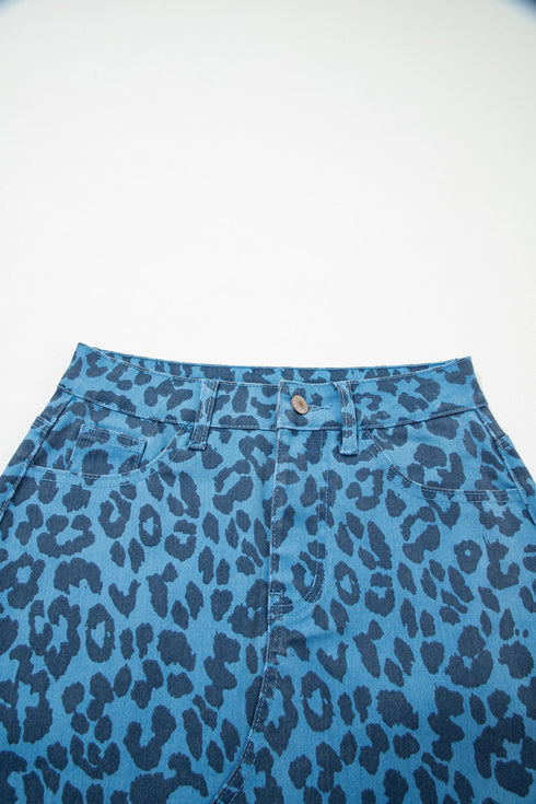 Western Leopard Print Frayed Split Denim Midi Skirt