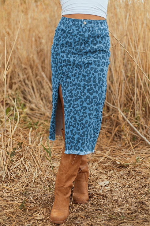 Western Leopard Print Frayed Split Denim Midi Skirt