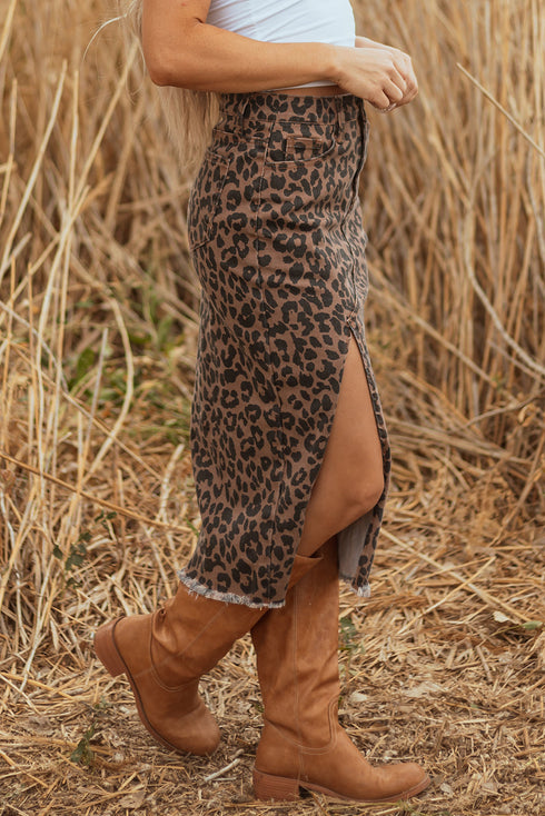 Western Leopard Print Frayed Split Denim Midi Skirt