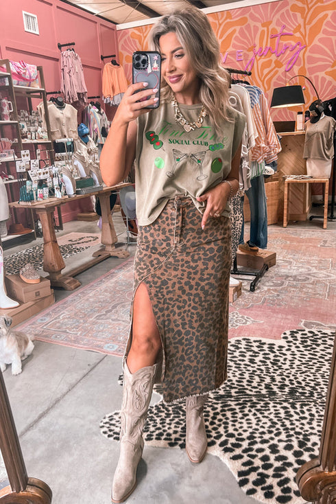 Western Leopard Print Frayed Split Denim Midi Skirt