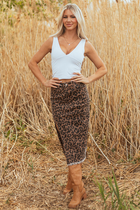 Western Leopard Print Frayed Split Denim Midi Skirt
