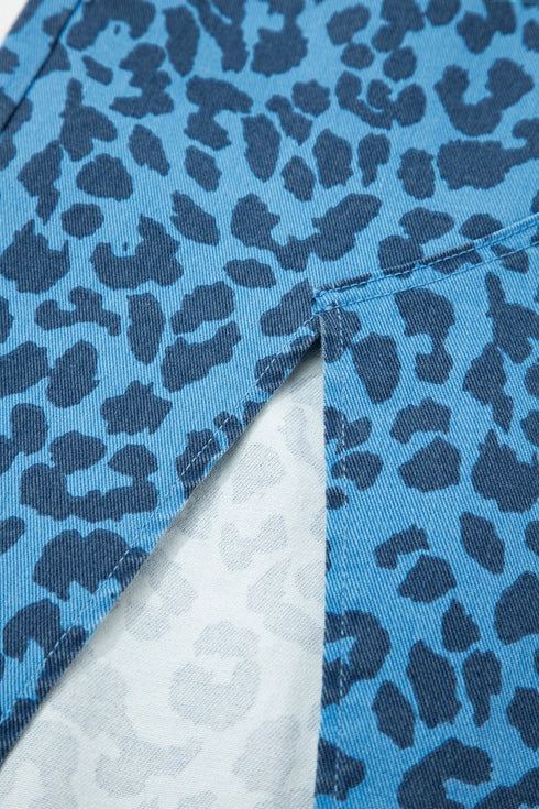 Western Leopard Print Frayed Split Denim Midi Skirt