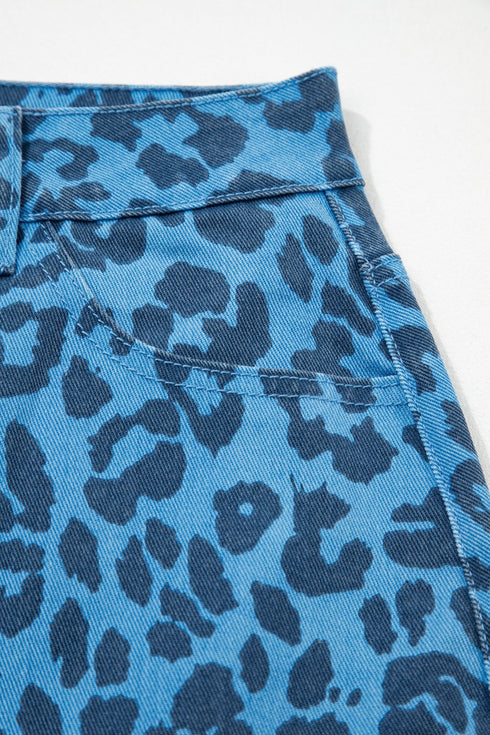 Western Leopard Print Frayed Split Denim Midi Skirt