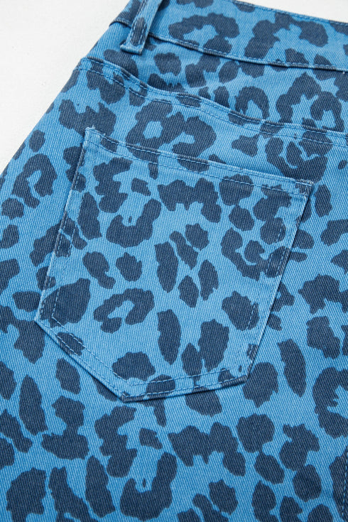 Western Leopard Print Frayed Split Denim Midi Skirt