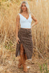 Western Leopard Print Frayed Split Denim Midi Skirt