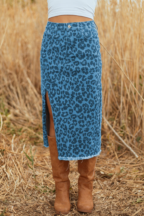 Western Leopard Print Frayed Split Denim Midi Skirt