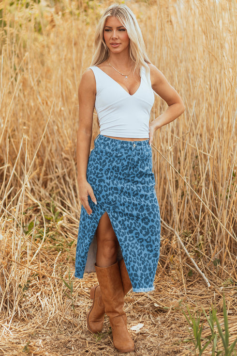 Western Leopard Print Frayed Split Denim Midi Skirt
