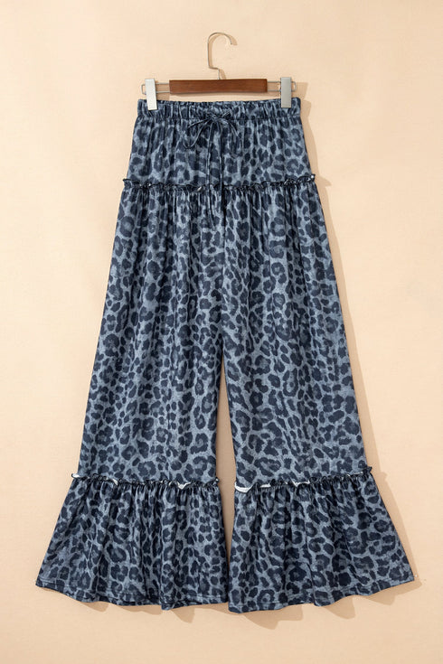 Western Leopard Print Frilled Drawstring Wide Leg Pants