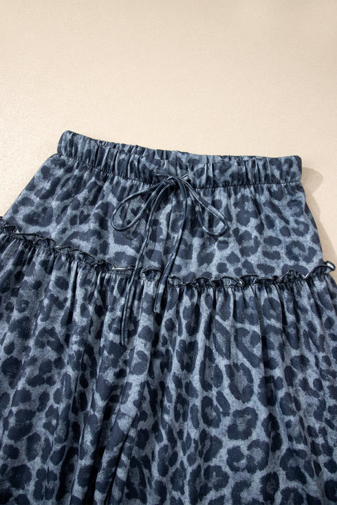 Western Leopard Print Frilled Drawstring Wide Leg Pants