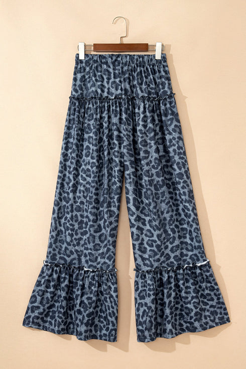 Western Leopard Print Frilled Drawstring Wide Leg Pants