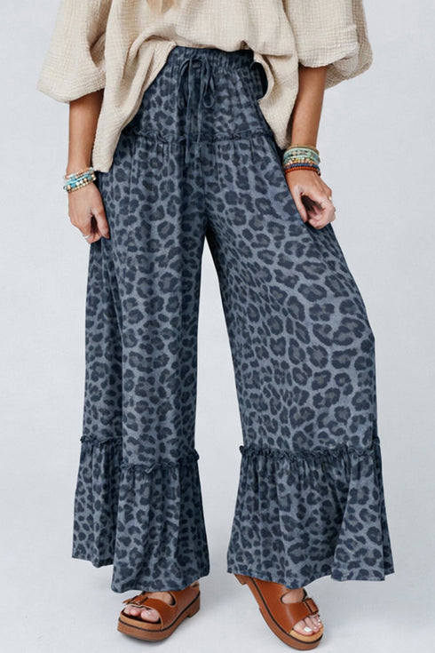 Western Leopard Print Frilled Drawstring Wide Leg Pants