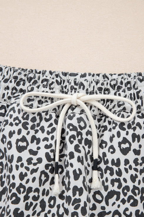 Western Leopard Print Fringe Tassel Drawstring Denim Shorts