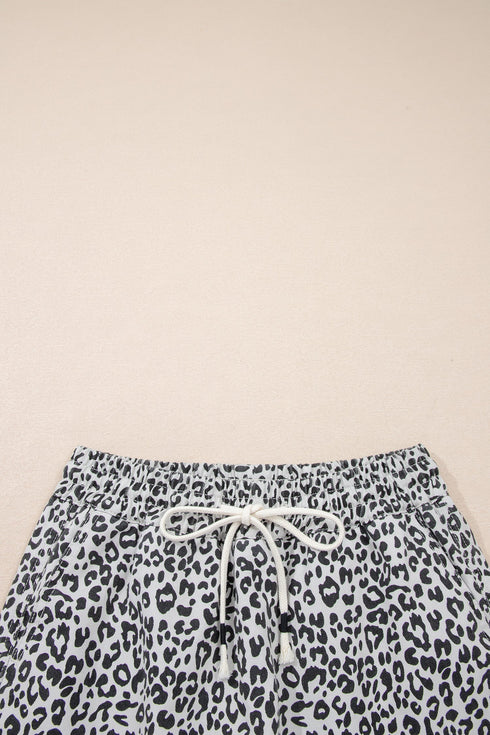 Western Leopard Print Fringe Tassel Drawstring Denim Shorts
