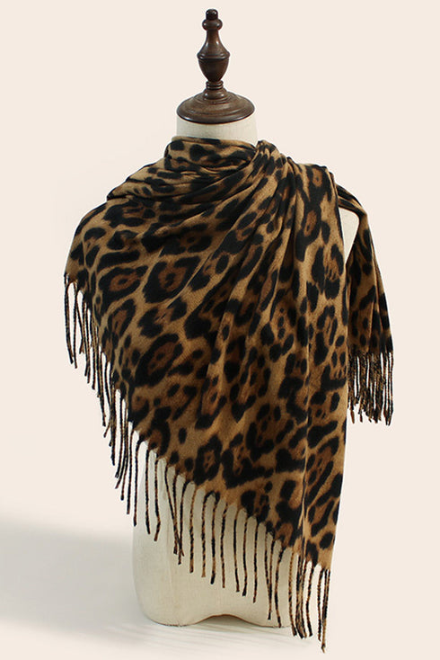 Western Leopard Print Fringed Wool Spinning Scarf
