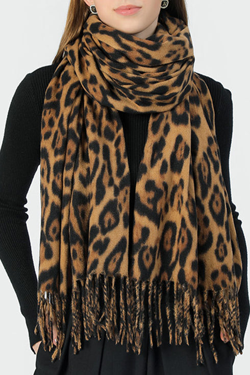 Western Leopard Print Fringed Wool Spinning Scarf