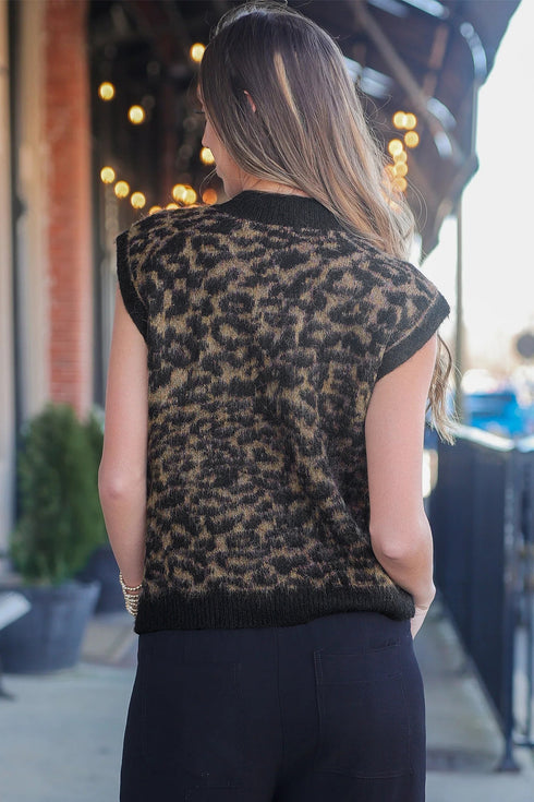 Western Leopard Print Knit Sleeveless Statement Sweater Vest