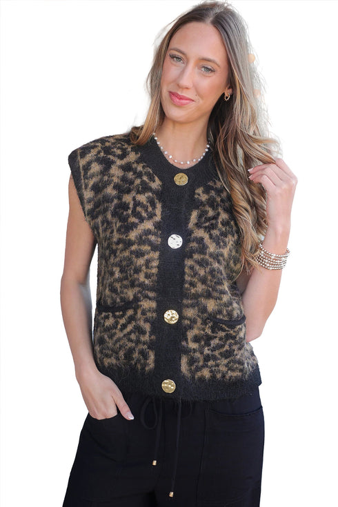Western Leopard Print Knit Sleeveless Statement Sweater Vest