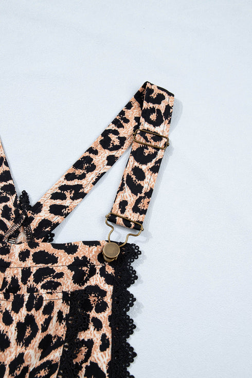 Western Leopard Print Lace Trim Ruffled Wide Leg Jumpsuit