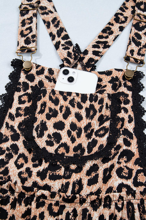 Western Leopard Print Lace Trim Ruffled Wide Leg Jumpsuit