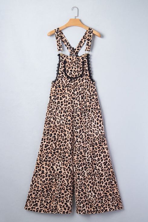 Western Leopard Print Lace Trim Ruffled Wide Leg Jumpsuit