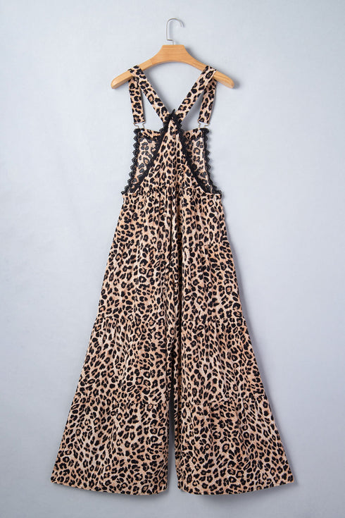 Western Leopard Print Lace Trim Ruffled Wide Leg Jumpsuit