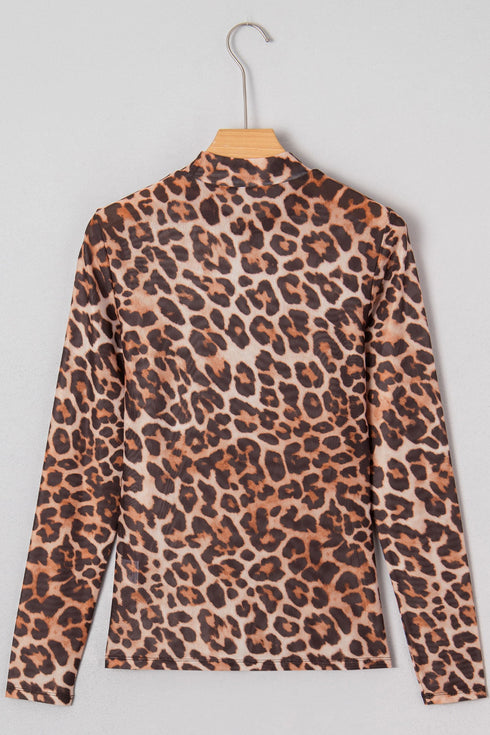 Western Leopard Print Mesh Mock Neck Long Sleeve Top