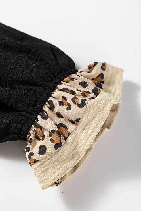 Western Leopard Print Patchwork Ruffled Long Sleeve Blouse