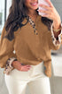 Western Leopard Print Patchwork Ruffled Long Sleeve Blouse