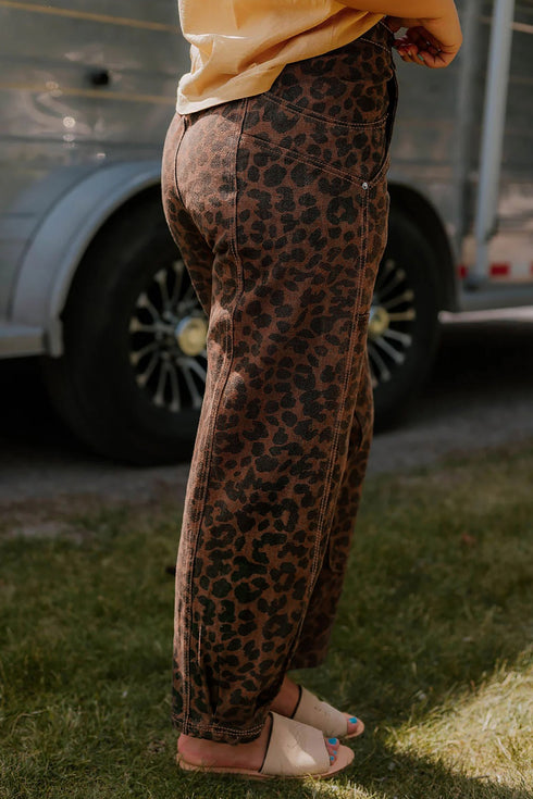 Western Leopard Print Patchwork Seam Detail Wide Leg Jeans
