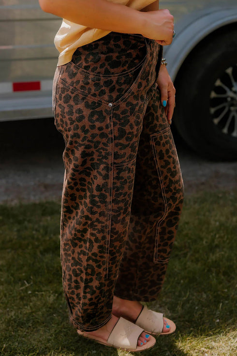 Western Leopard Print Patchwork Seam Detail Wide Leg Jeans