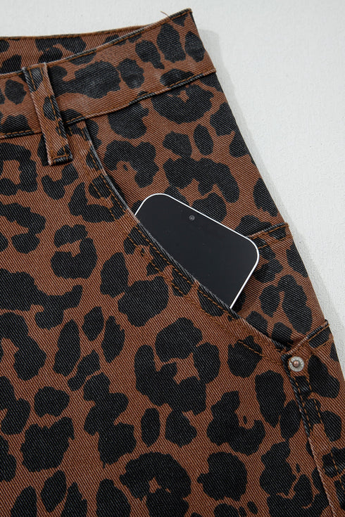 Western Leopard Print Patchwork Seam Detail Wide Leg Jeans