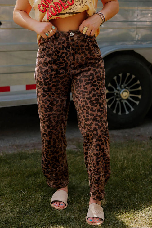Western Leopard Print Patchwork Seam Detail Wide Leg Jeans