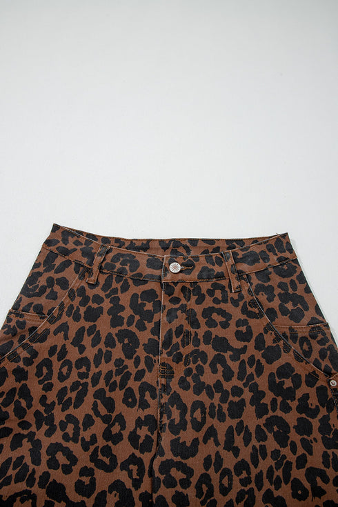 Western Leopard Print Patchwork Seam Detail Wide Leg Jeans
