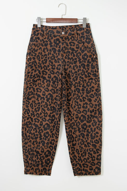 Western Leopard Print Patchwork Seam Detail Wide Leg Jeans