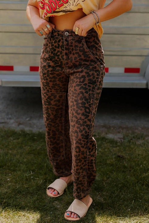 Western Leopard Print Patchwork Seam Detail Wide Leg Jeans