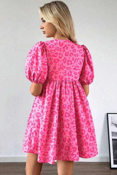 Western Leopard Print Puff Sleeve A Line Mini Dress