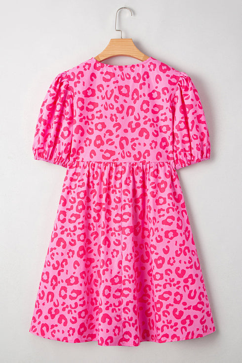 Western Leopard Print Puff Sleeve A Line Mini Dress