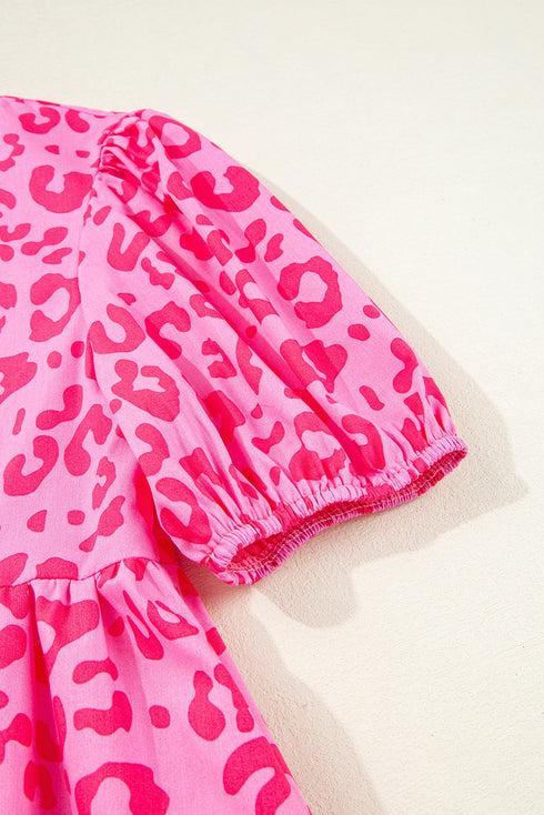 Western Leopard Print Puff Sleeve A Line Mini Dress