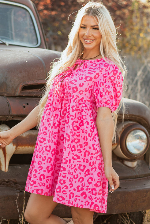 Western Leopard Print Puff Sleeve A Line Mini Dress