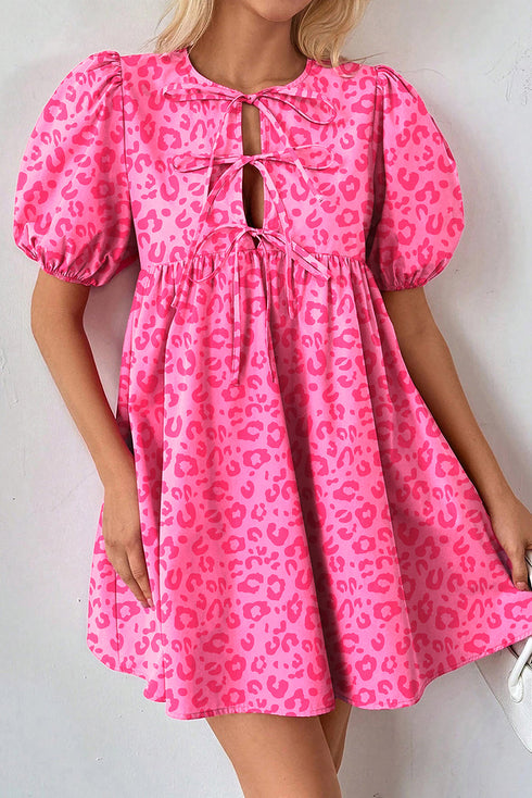 Western Leopard Print Puff Sleeve A Line Mini Dress