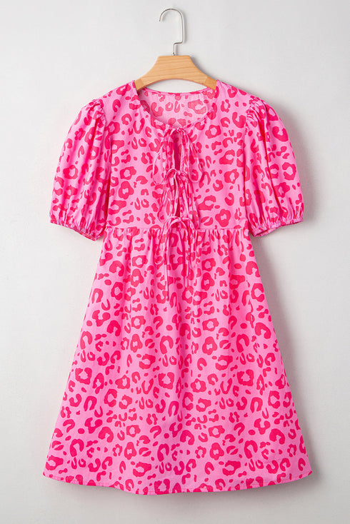 Western Leopard Print Puff Sleeve A Line Mini Dress