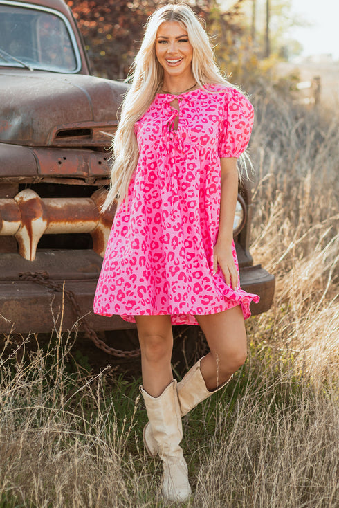 Western Leopard Print Puff Sleeve A Line Mini Dress