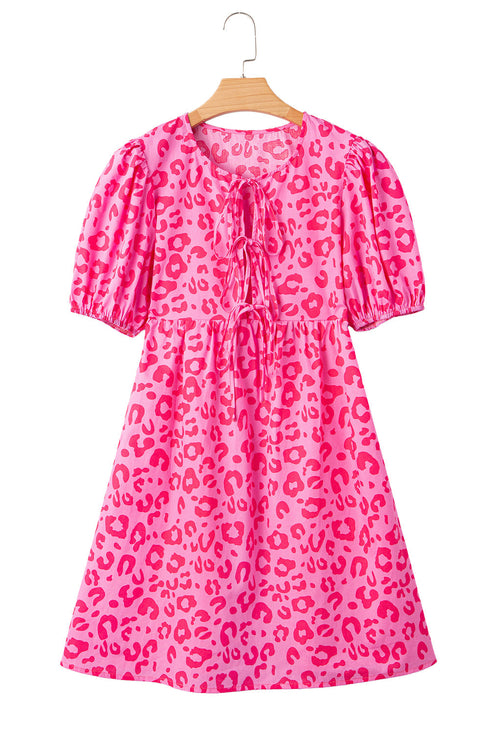 Western Leopard Print Puff Sleeve A Line Mini Dress